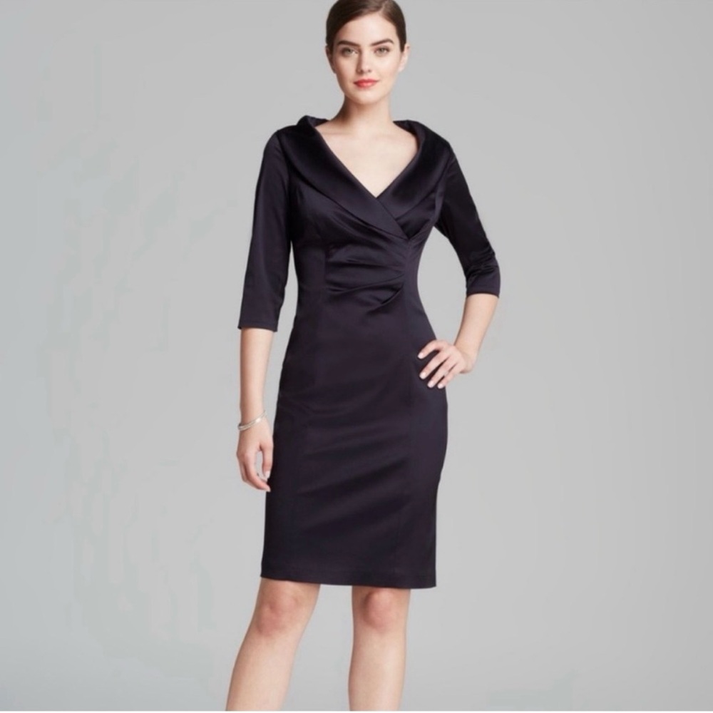 Kay Unger Black V-Neck Sheath Dress with Three-Quarter Sleeves Size 6